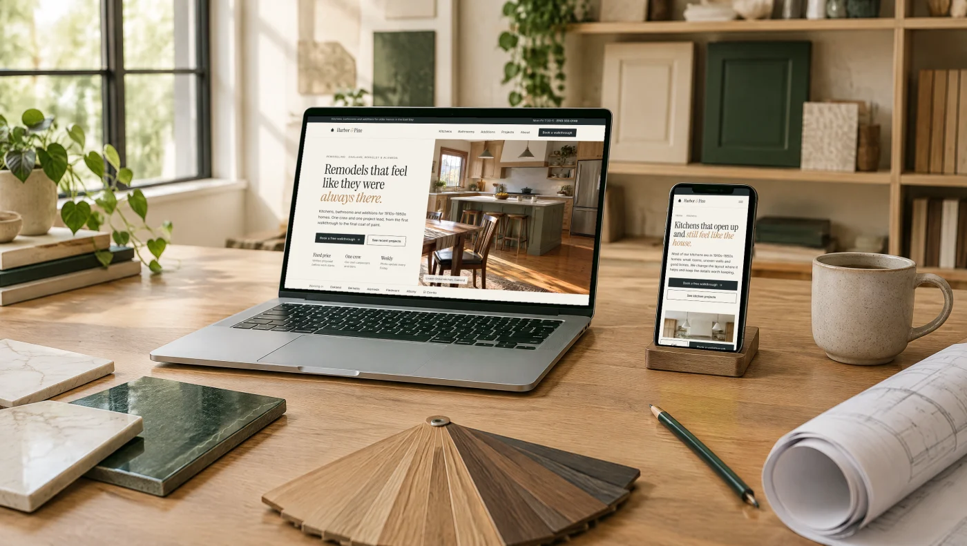 The Harbor & Pine site on a laptop and a phone on a design studio desk